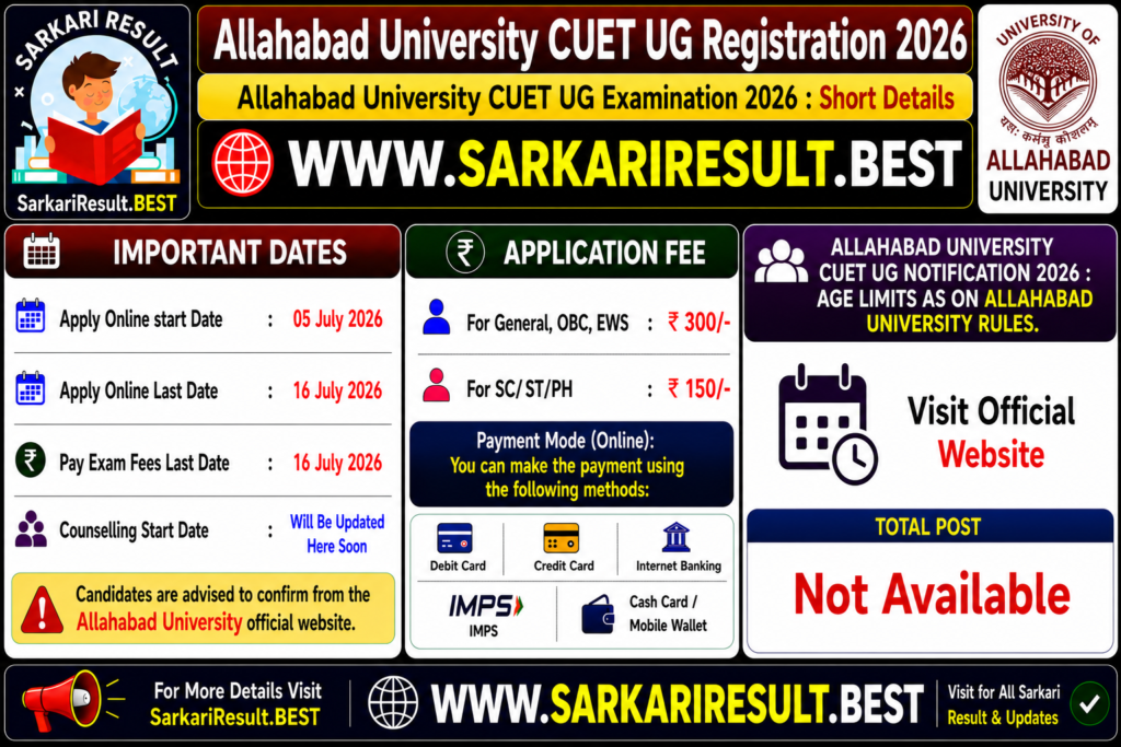 Allahabad University CUET UG Registration 2026Answer: The age limit for Allahabad University CUET UG Online Registration 2026 is as follows on Official website.Question: What is the eligibility for Allahabad University 2026?
Answer: Candidates must have appeared for NTA CUET UG 2026.Question: What is the official website for Allahabad University?
