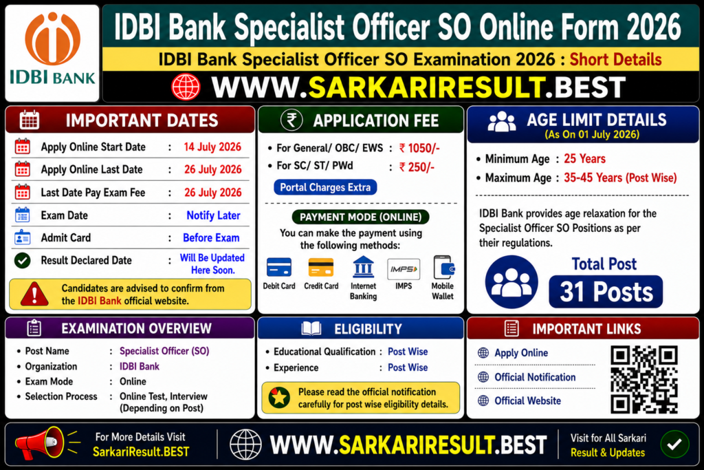 IDBI Bank Specialist Officer SO Online Form 2026