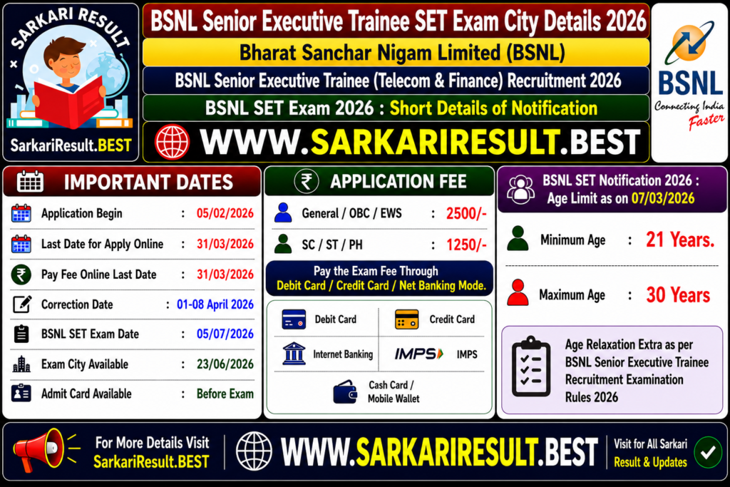 BSNL Senior Executive Trainee City Details 2026